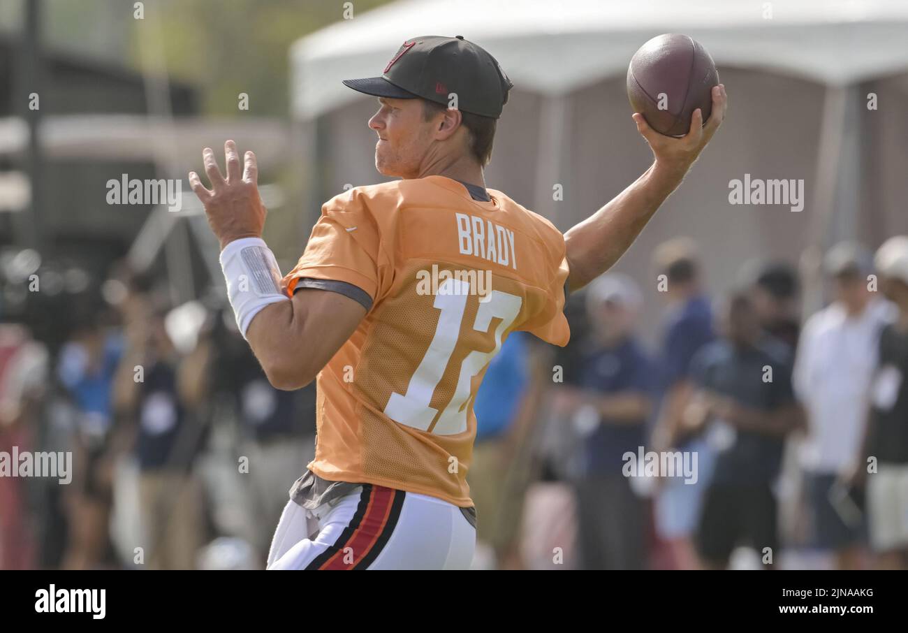 Tampa, United States. 10th Aug, 2022. Tampa Bay Buccaneers quarterback Tom Brady loosens up during a joint practice with the Miami Dolphins at the Buccaneer's training center in Tampa, Florida on Wednesday, August 10, 2022. Photo by Steve Nesius/UPI Credit: UPI/Alamy Live News Stock Photo