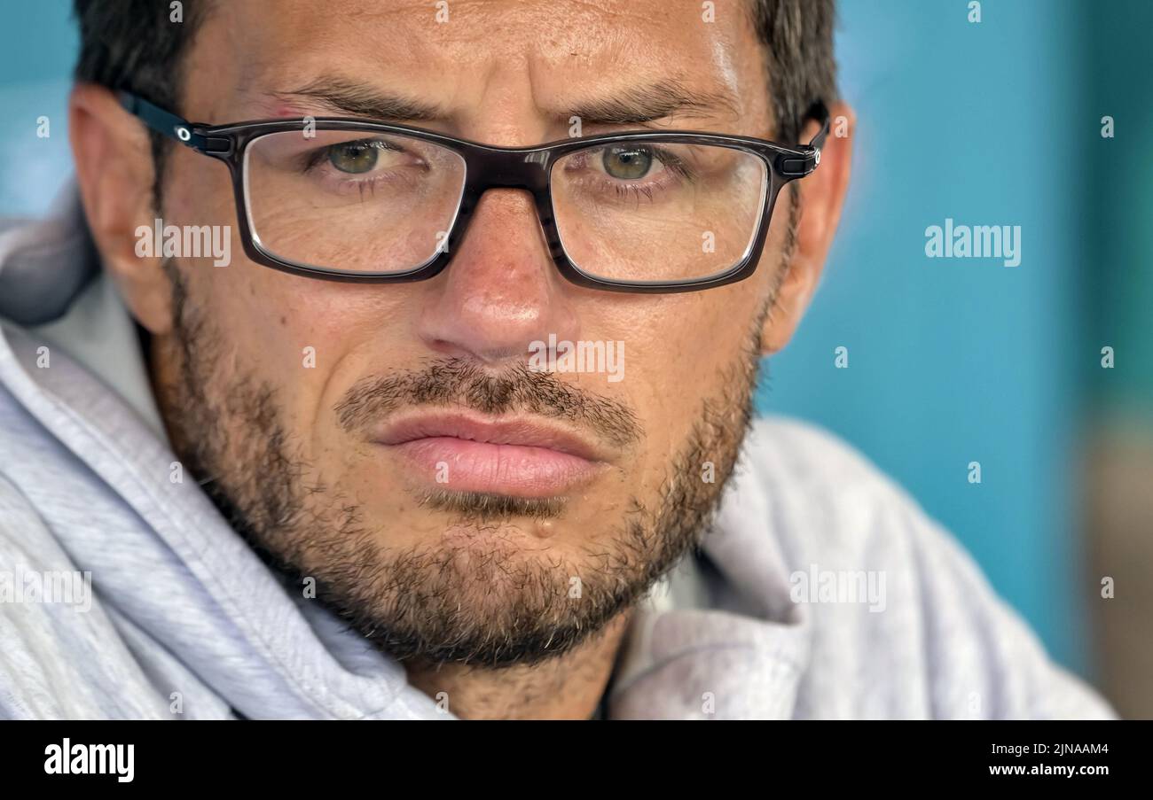 Tampa, United States. 10th Aug, 2022. Miami Dolphins head coach Mike McDaniel talks with the media before a joint practice with the Tampa Bay Buccaneers at the Buccaneer's training center in Tampa, Florida on Wednesday, August 10, 2022. Photo by Steve Nesius/UPI Credit: UPI/Alamy Live News Stock Photo