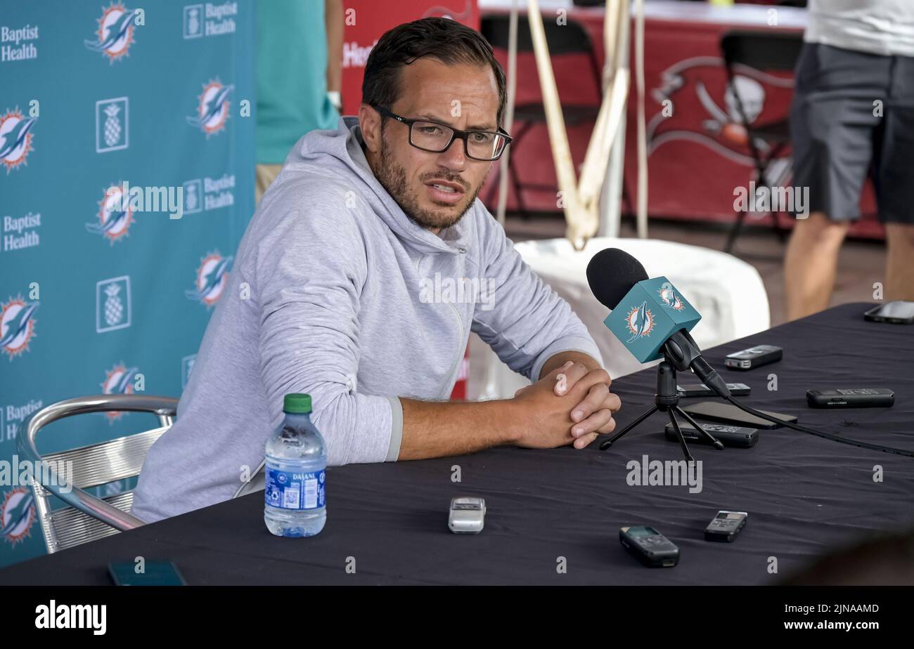 Tampa, United States. 10th Aug, 2022. Miami Dolphins head coach Mike McDaniel talks with the media before a joint practice with the Tampa Bay Buccaneers at the Buccaneer's training center in Tampa, Florida on Wednesday, August 10, 2022. Photo by Steve Nesius/UPI Credit: UPI/Alamy Live News Stock Photo