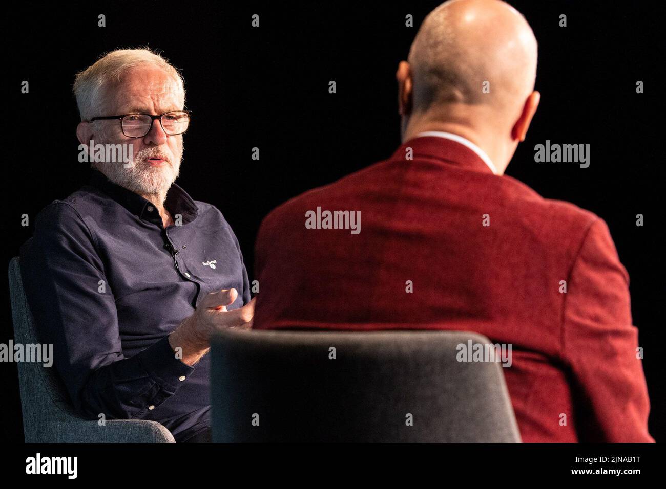 Edinburgh, United Kingdom. 10 August, 2022 Pictured: Former Labour leader, Jeremy Corbyn, is interviewed by LBC’s Iain Dale at the Edinburgh Fringe Festival as part of the All Talk series of interviews by the broadcaster. Corbyn told the audience that he feels vindicated by the Forde Report in how he dealt with anti-semitism while leader. Credit: Rich Dyson/Alamy Live News Stock Photo