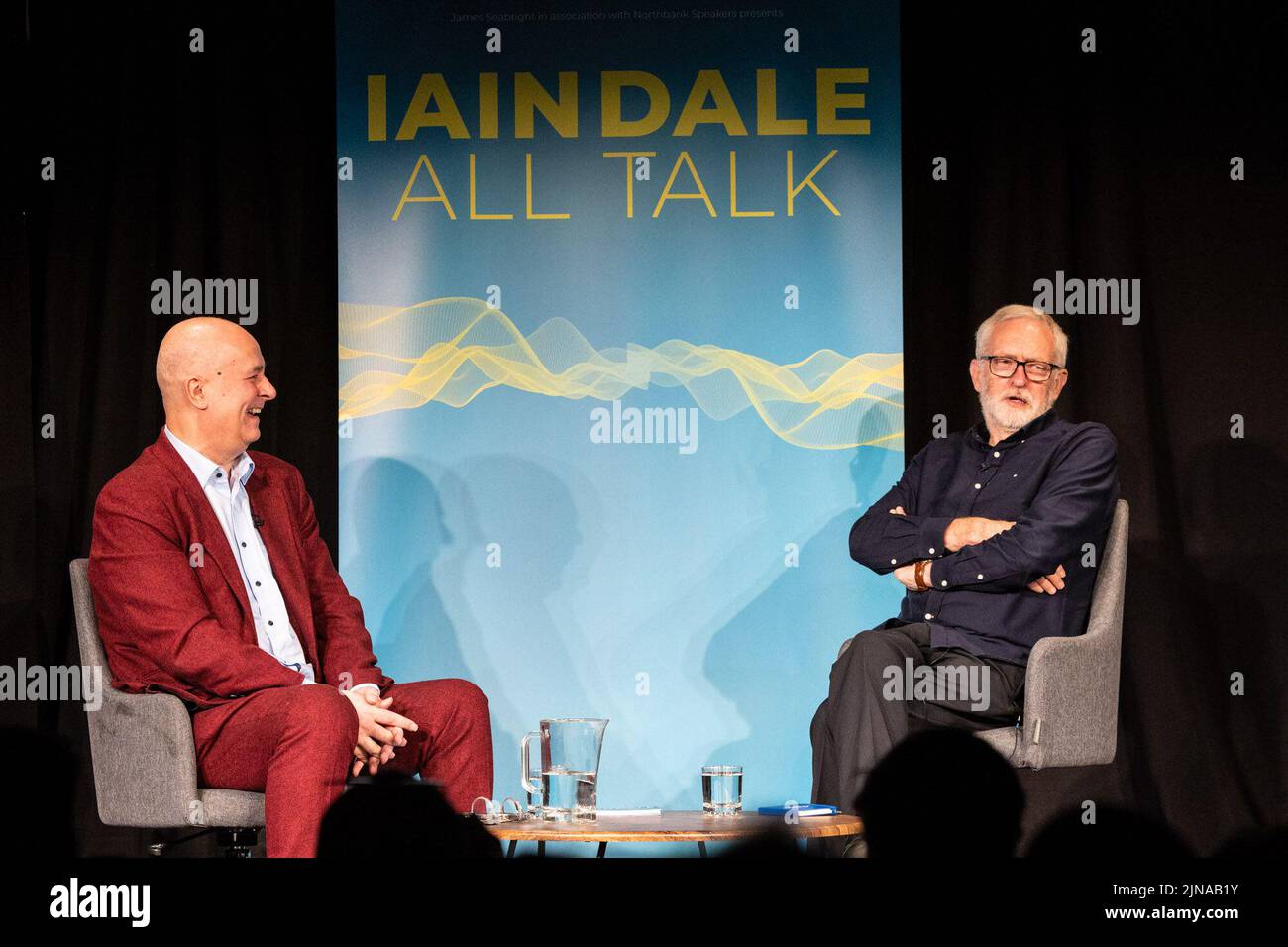 Edinburgh, United Kingdom. 10 August, 2022 Pictured: Former Labour leader, Jeremy Corbyn, is interviewed by LBC’s Iain Dale at the Edinburgh Fringe Festival as part of the All Talk series of interviews by the broadcaster. Corbyn told the audience that he feels vindicated by the Forde Report in how he dealt with anti-semitism while leader. Credit: Rich Dyson/Alamy Live News Stock Photo