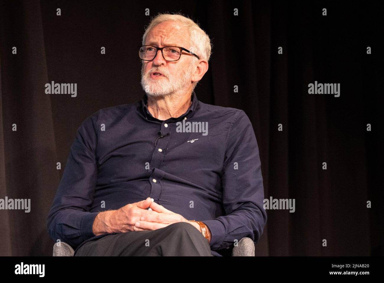 Edinburgh, United Kingdom. 10 August, 2022 Pictured: Former Labour leader, Jeremy Corbyn, is interviewed by LBC’s Iain Dale at the Edinburgh Fringe Festival as part of the All Talk series of interviews by the broadcaster. Corbyn told the audience that he feels vindicated by the Forde Report in how he dealt with anti-semitism while leader. Credit: Rich Dyson/Alamy Live News Stock Photo