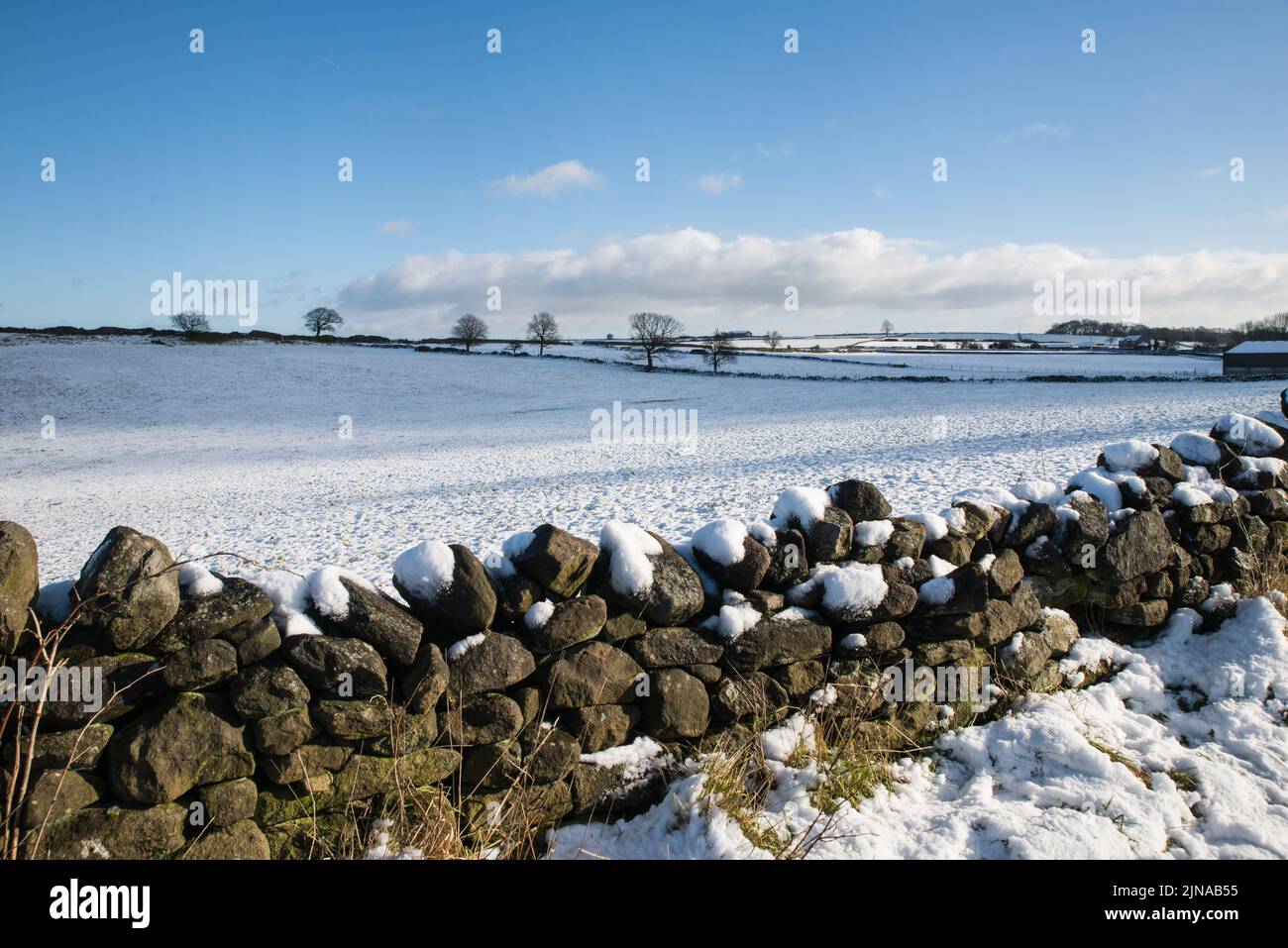 Snow covered fields and drystone wall near the village of Holloway, Derbyshire, England Stock Photo