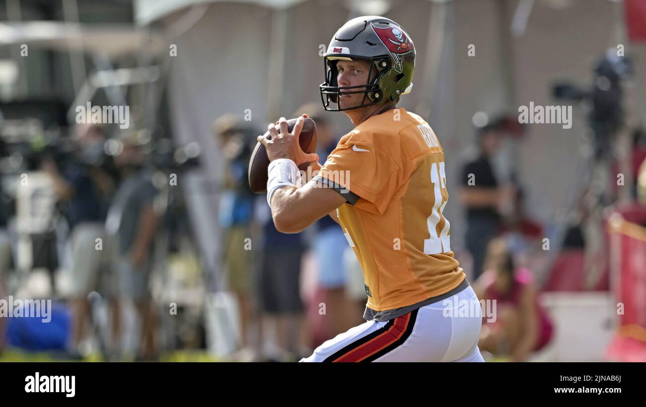 Tampa, United States. 10th Aug, 2022. Tampa Bay Buccaneers quarterback Tom Brady (12) loosens up during a joint practice with the Miami Dolphins at the Buccaneer's training center in Tampa, Florida on Wednesday, August 10, 2022. Photo by Steve Nesius/UPI Credit: UPI/Alamy Live News Stock Photo