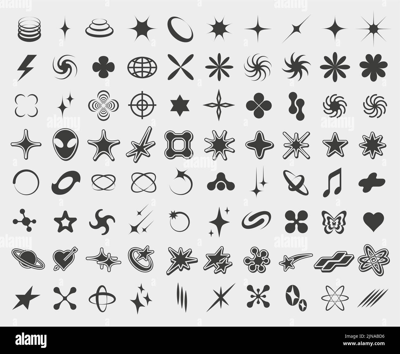 Y2K symbols. Retro star icons, trendy acid rave and graphic elements for posters and streetwear fashion design vector set Stock Vector