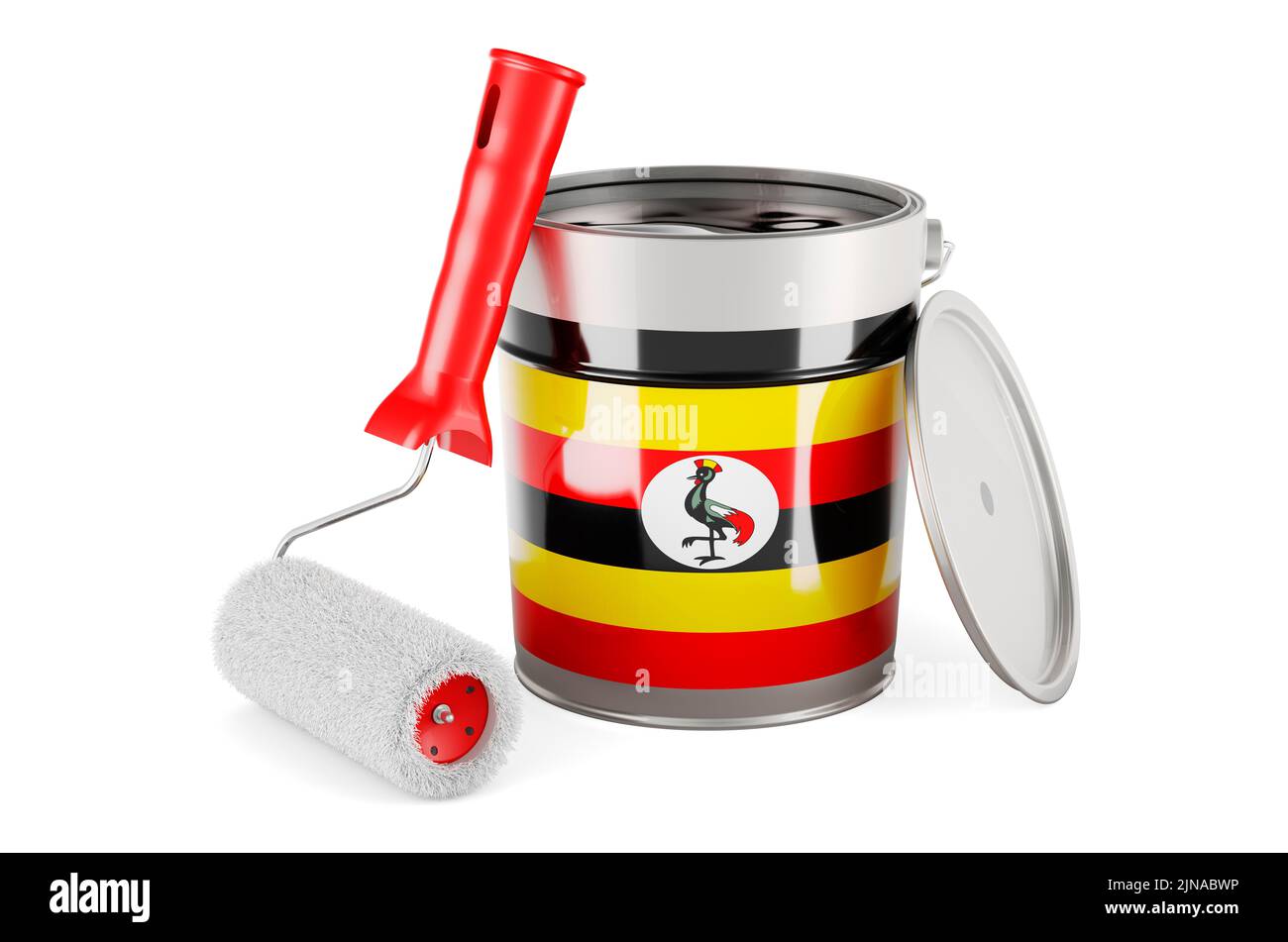 Ugandan flag on the paint can, 3D rendering isolated on white