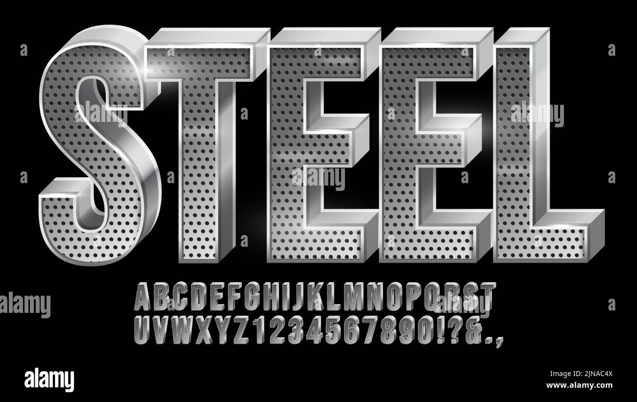 Perforated steel font. Metal typeface, metallic letter and chrome numbers with grid texture vector set Stock Vector