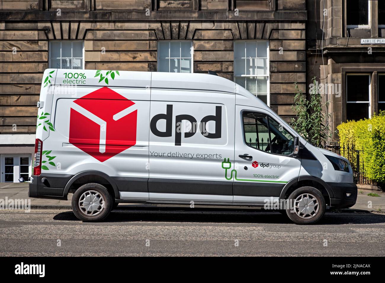 100% Electric dpd delivery van parked in a street in Edinburgh, Scotland, UK. Stock Photo