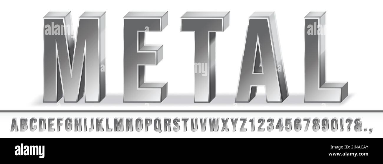 Realistic metal font. Shiny metallic 3D letters with extrude effect and steel texture. Chrome alphabet vector set Stock Vector
