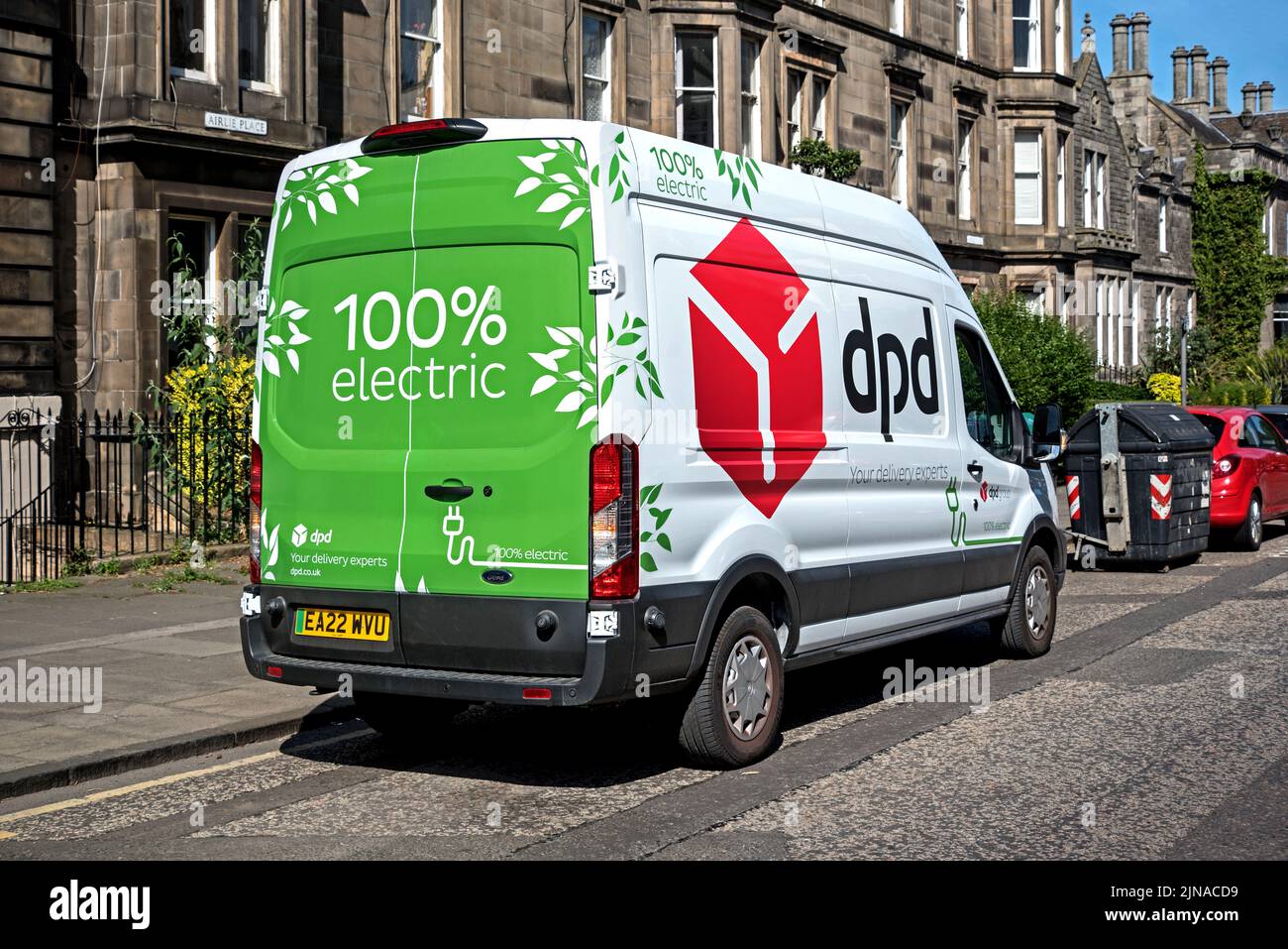 100% Electric dpd delivery van parked in a street in Edinburgh, Scotland, UK. Stock Photo