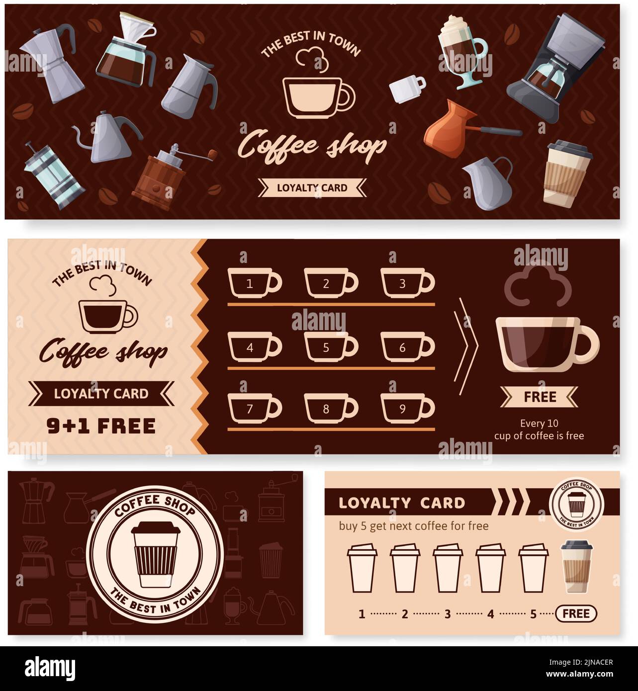Coffee cafe loyalty card. Collecting stamps coupon, cafe gift bonus and get cup for free voucher vector template Stock Vector