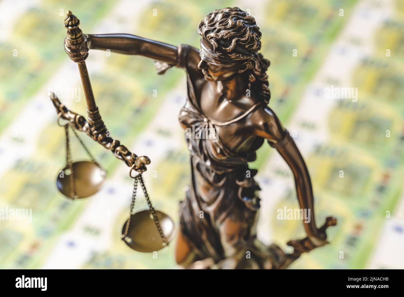 20 April 2022: Lady Justice Statue On 100 Euro Money Bills. Hundred Euro Bill. Symbol Image Costs For Court And Lawyer Stock Photo