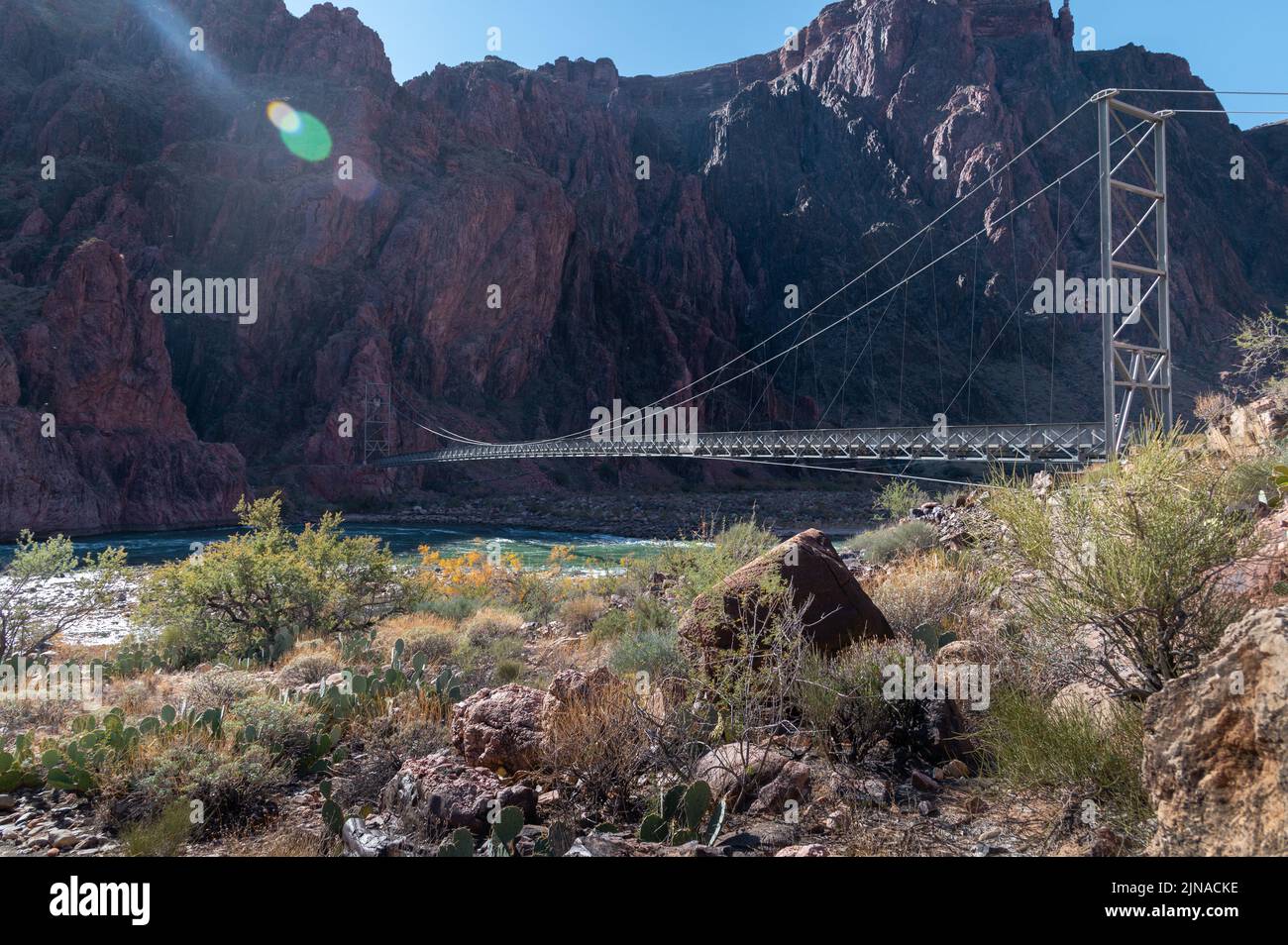 View of Bright Angel Trail Bridge crossing the Colorado River in the Grand Canyon Stock Photo