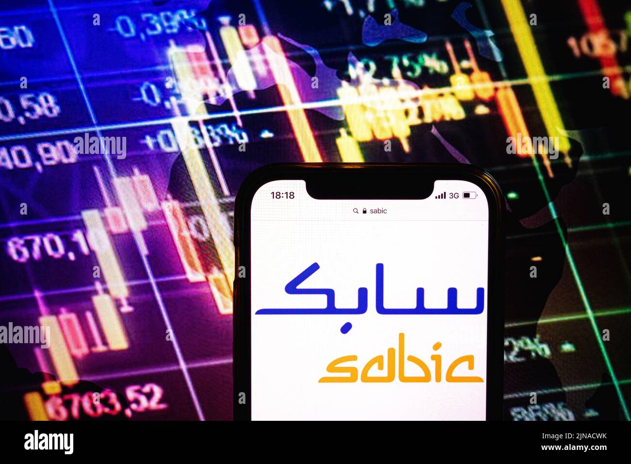 KONSKIE, POLAND - August 09, 2022: Smartphone displaying logo of SABIC company on stock exchange diagram background Stock Photo