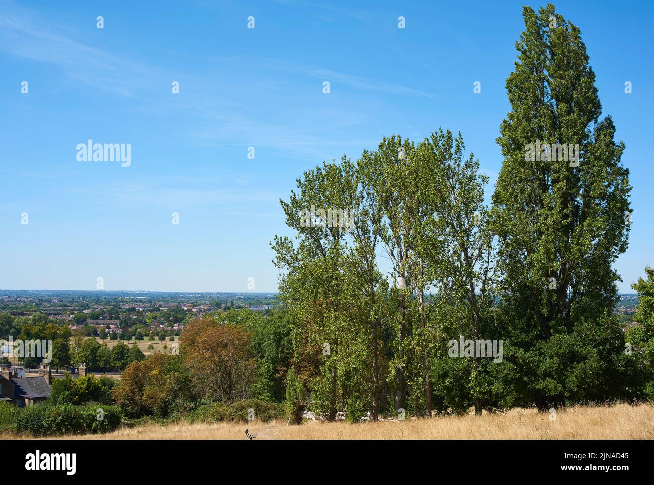 View over the Buckinghamshire countryside in summertime from Harrow-on-the-Hill, Greater London UK Stock Photo