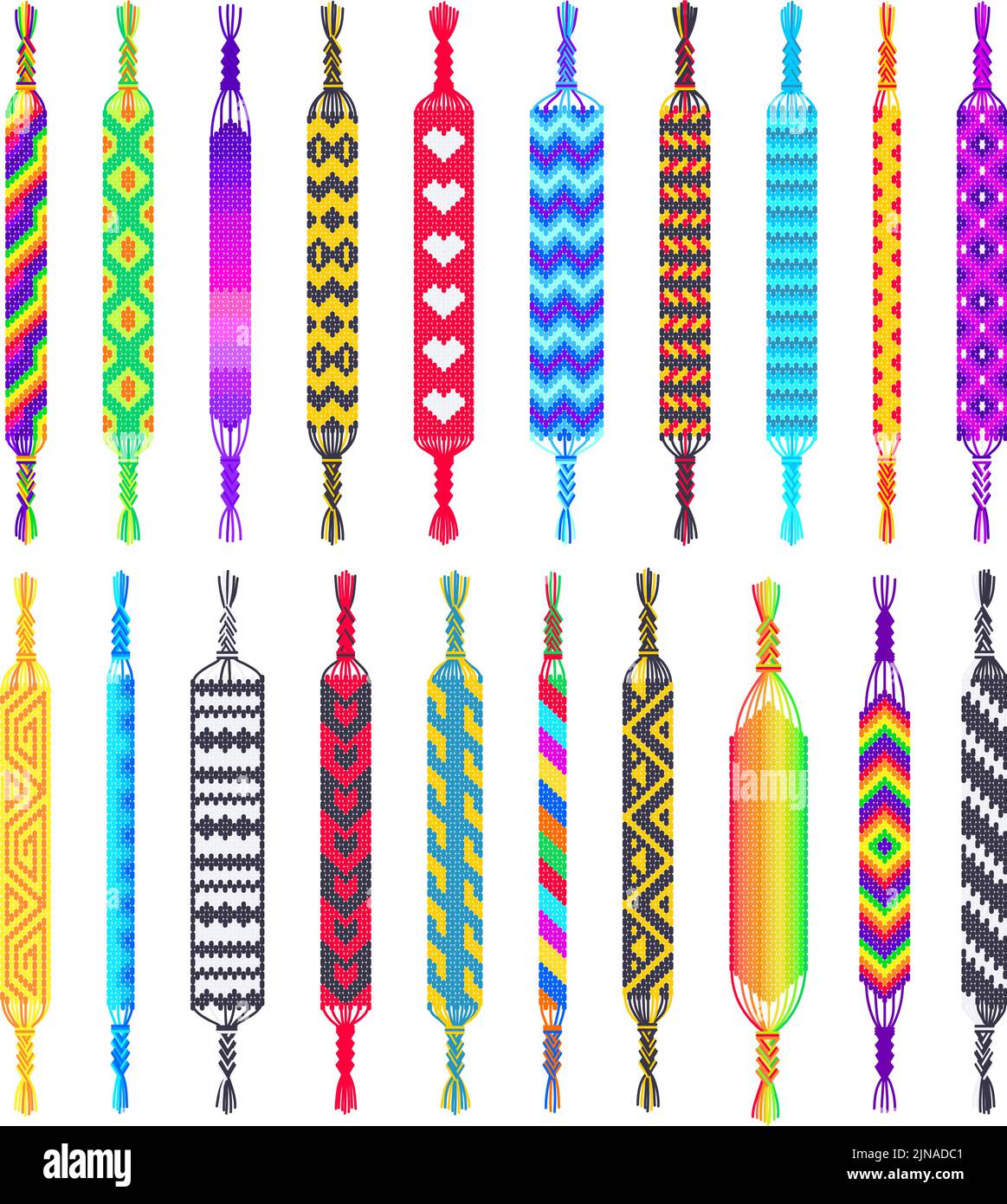 Friendship bracelets. Hippie braided wristband, wrist bracelet with pattern and hand made jewellery vector set Stock Vector