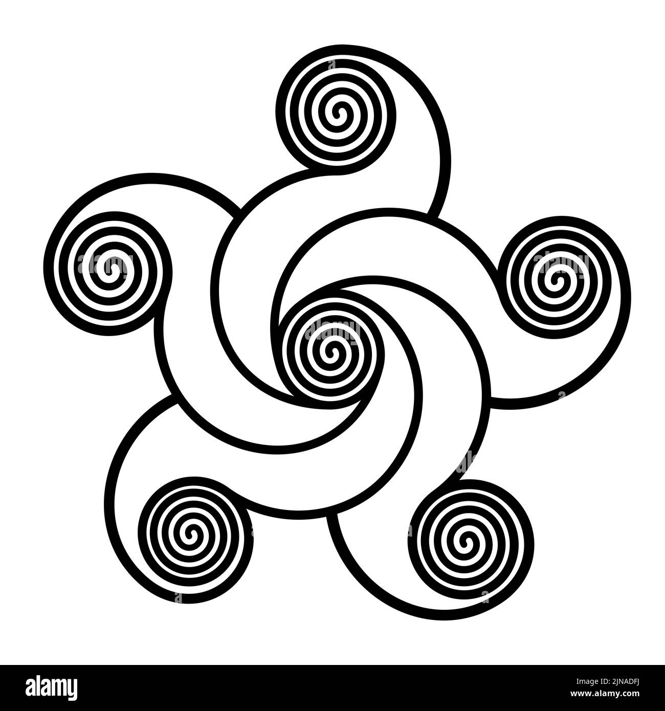 Spirals forming a pentagram shaped star. Five-pointed star, made of spirals, connected with curved lines to a spiral in the center. Stock Photo