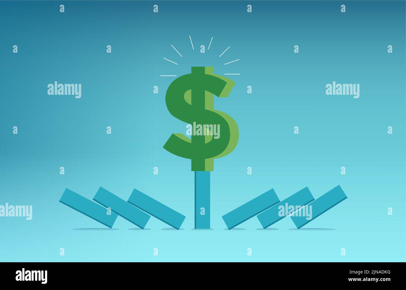 Strong dollar currency concept. Vector of a dollar withstanding domino effect Stock Vector