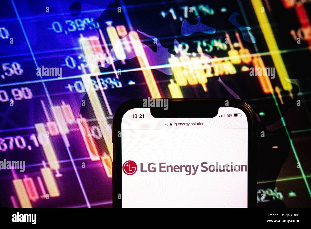 KONSKIE, POLAND - August 09, 2022: Smartphone displaying logo of LG Energy Solution company on stock exchange diagram background Stock Photo