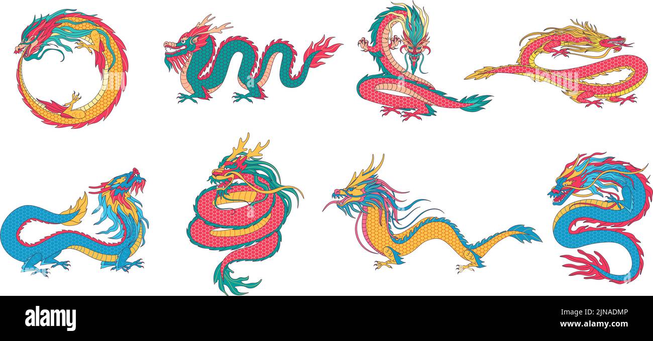 Asian dragons. Chinese mythological creatures, ancient legend animals and ouroboros dragon vector illustration set Stock Vector