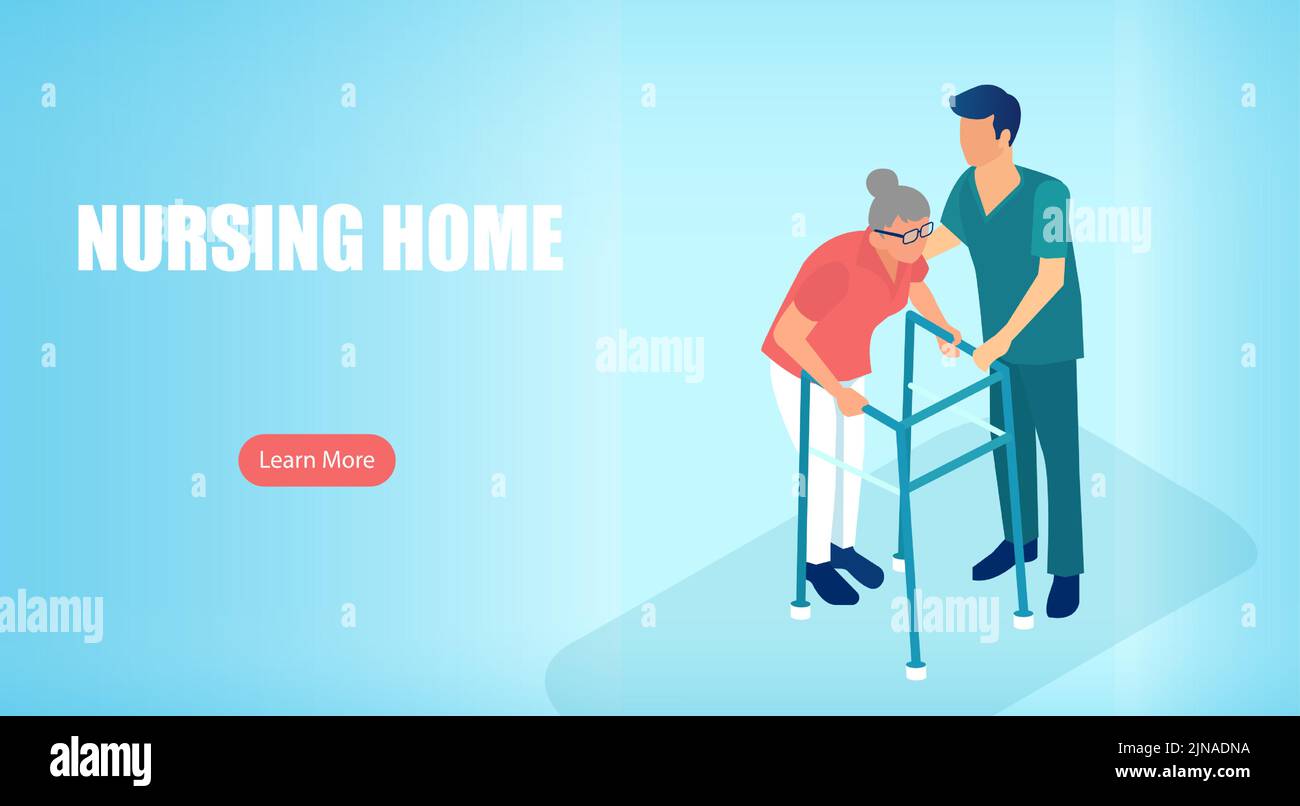 Isometric vector of a nursing home with a male nurse assisting elderly woman Stock Vector