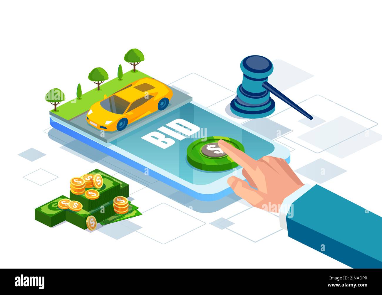 Online car auction via smartphone app with a bid button. Auction and mobile bidding concept Stock Vector