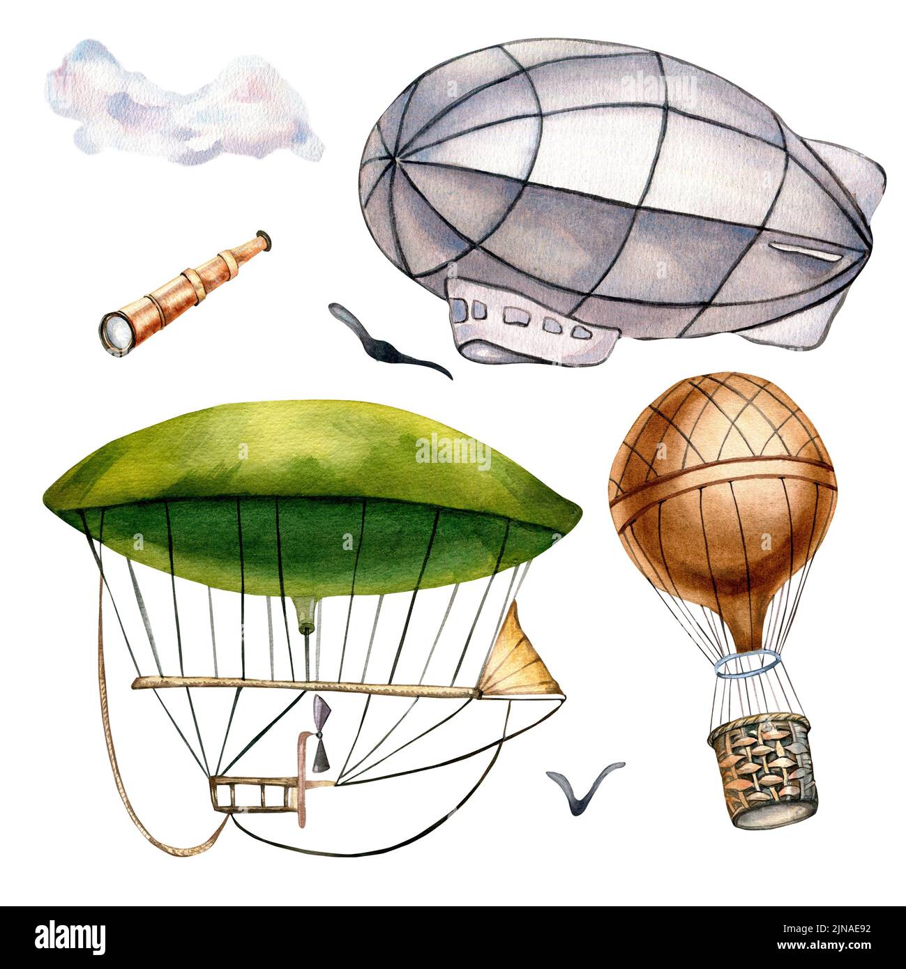 Set of vintage aerostats watercolor illustration isolated on white background. Retro dirigible, hot air balloon in the clouds, spyglass hand drawn. De Stock Photo