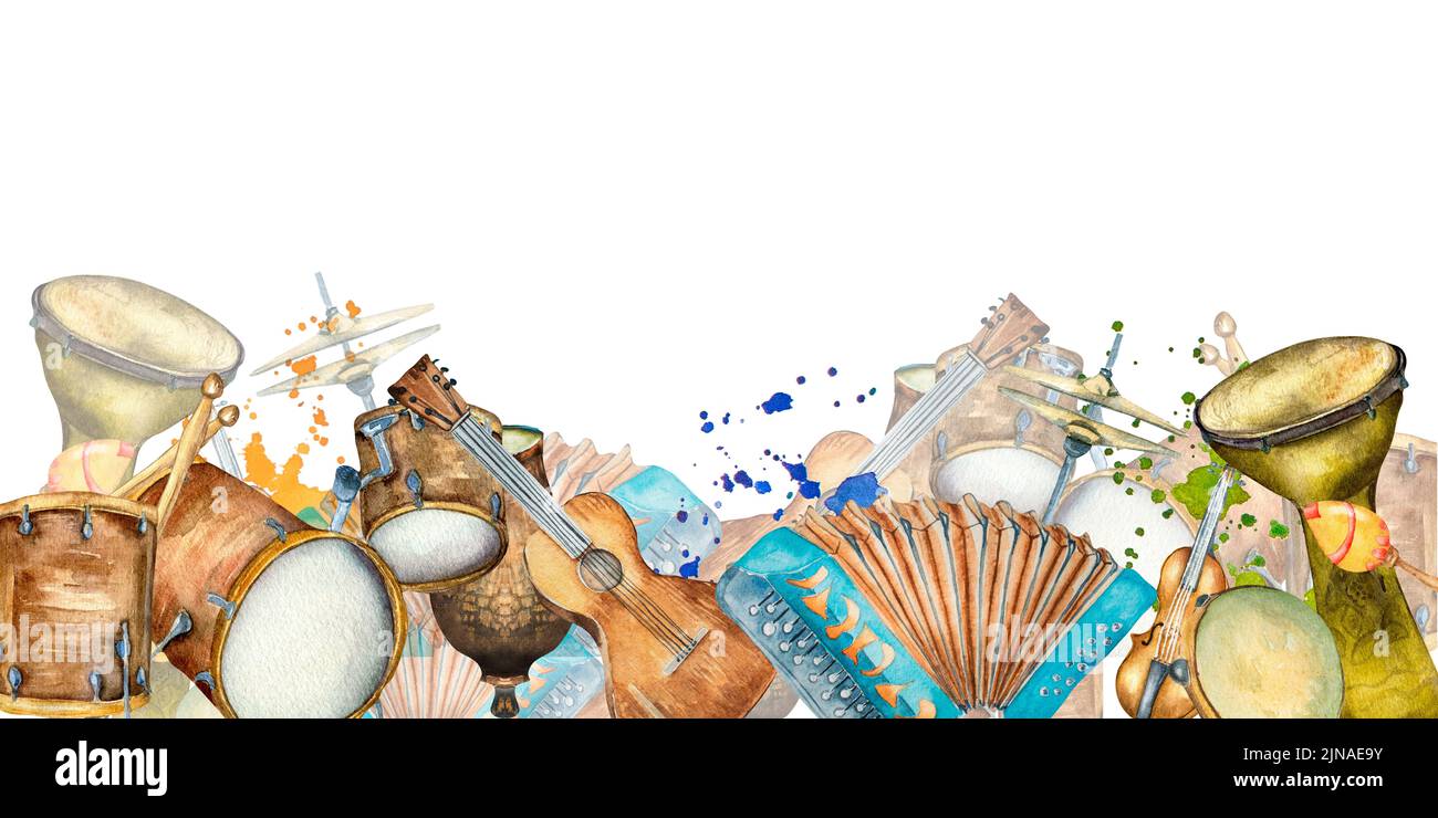 Banner of latin musical instruments watercolor illustration isolated