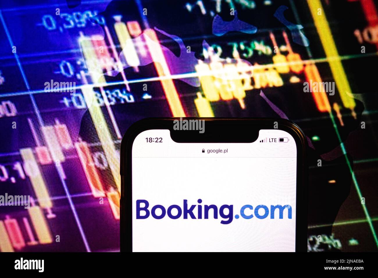 KONSKIE, POLAND - August 09, 2022: Smartphone displaying logo of Booking.com company on stock exchange diagram background Stock Photo