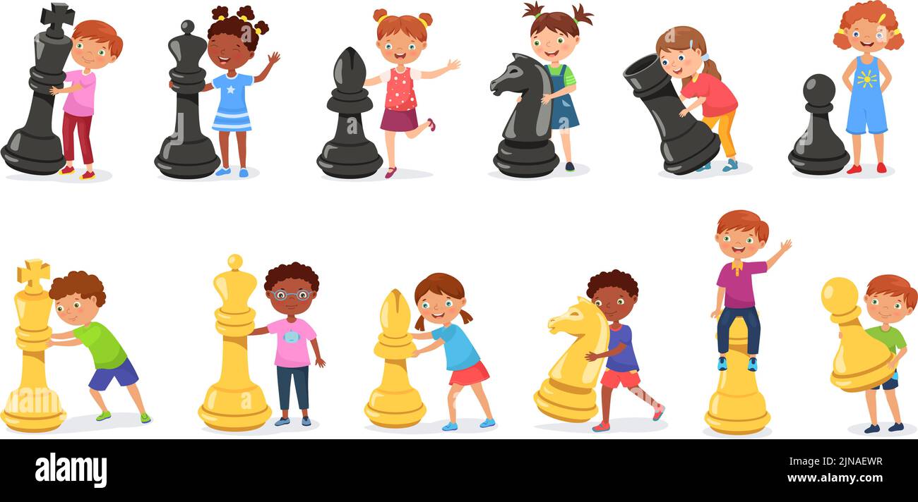 Kids with giant chess figures. Cartoon child playing chess game with huge pawn, horse and king figure vector Illustration set Stock Vector