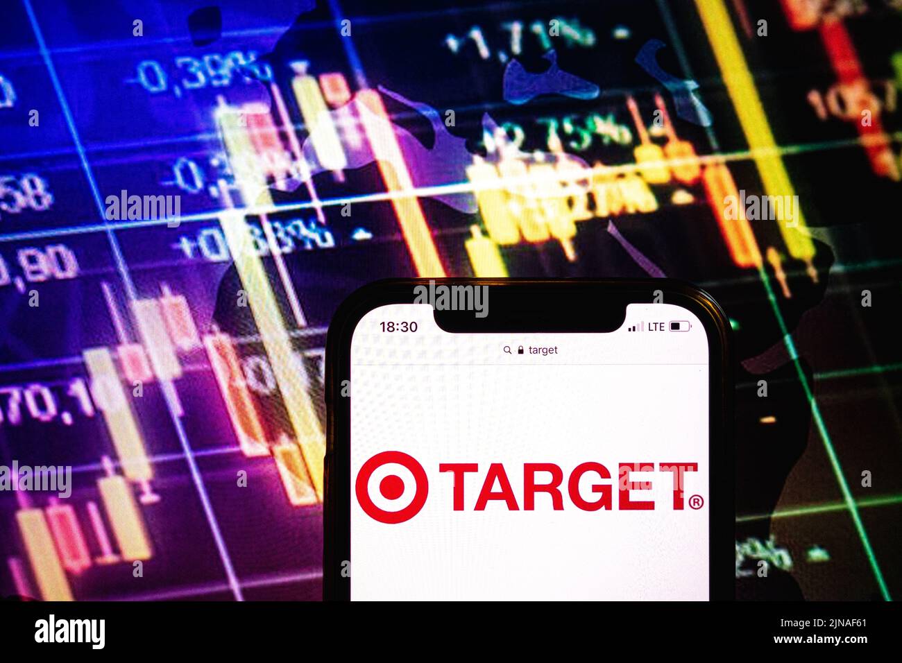 KONSKIE, POLAND - August 09, 2022: Smartphone displaying logo of Target company on stock exchange diagram background Stock Photo