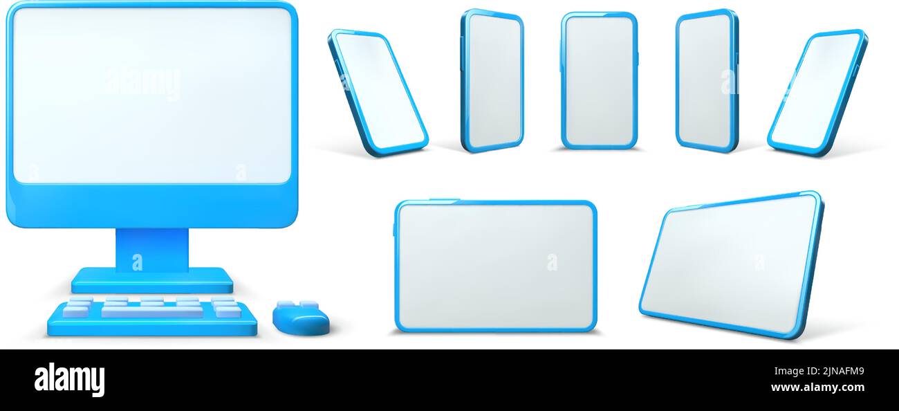 Gadget 3d mockup. Mobile phone, tablet screen and computer monitor with mouse and keyboard vector illustration set Stock Vector