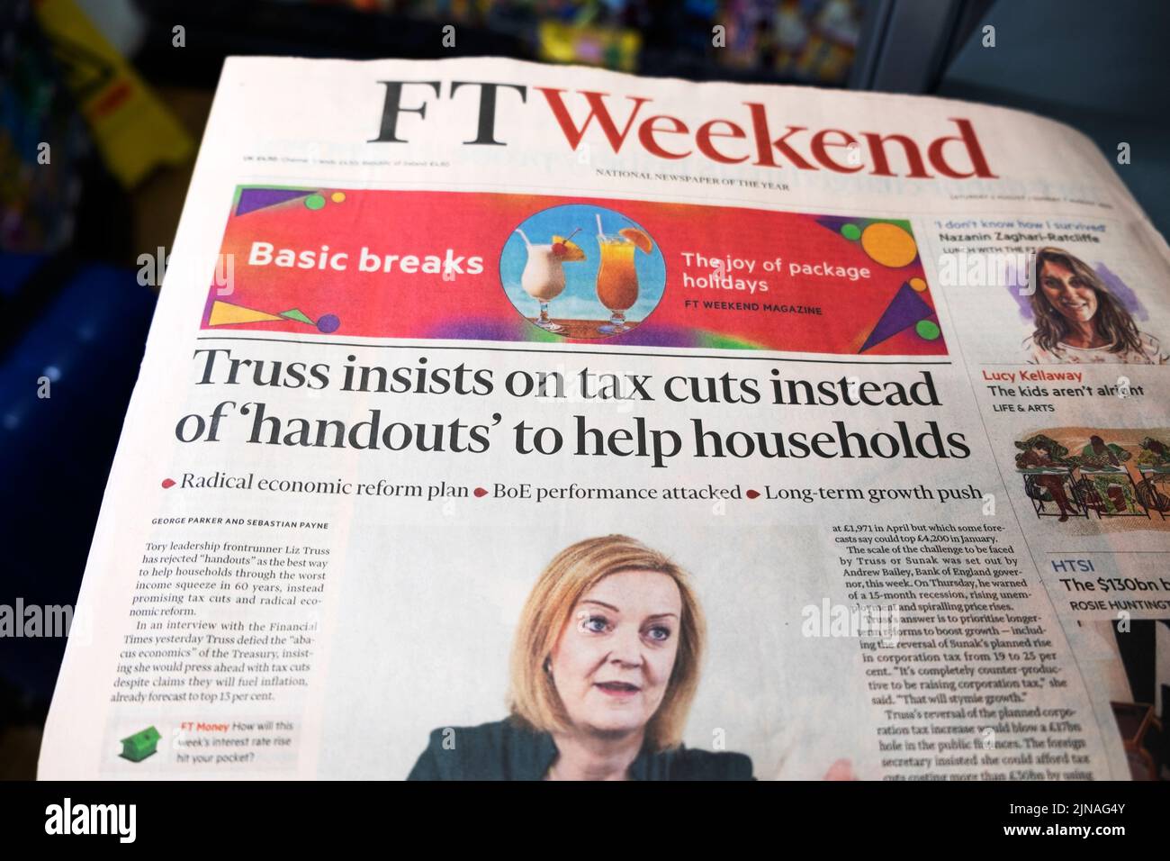 'Truss insists on tax cuts instead of 'handouts' to help households' FT Weekend Financial Times newspaper headline front page 29 July 2022 London UK Stock Photo