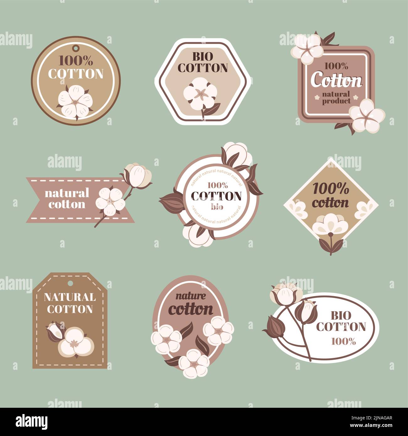 Cotton emblem. Natural textile badge with flowers, cotton tag with