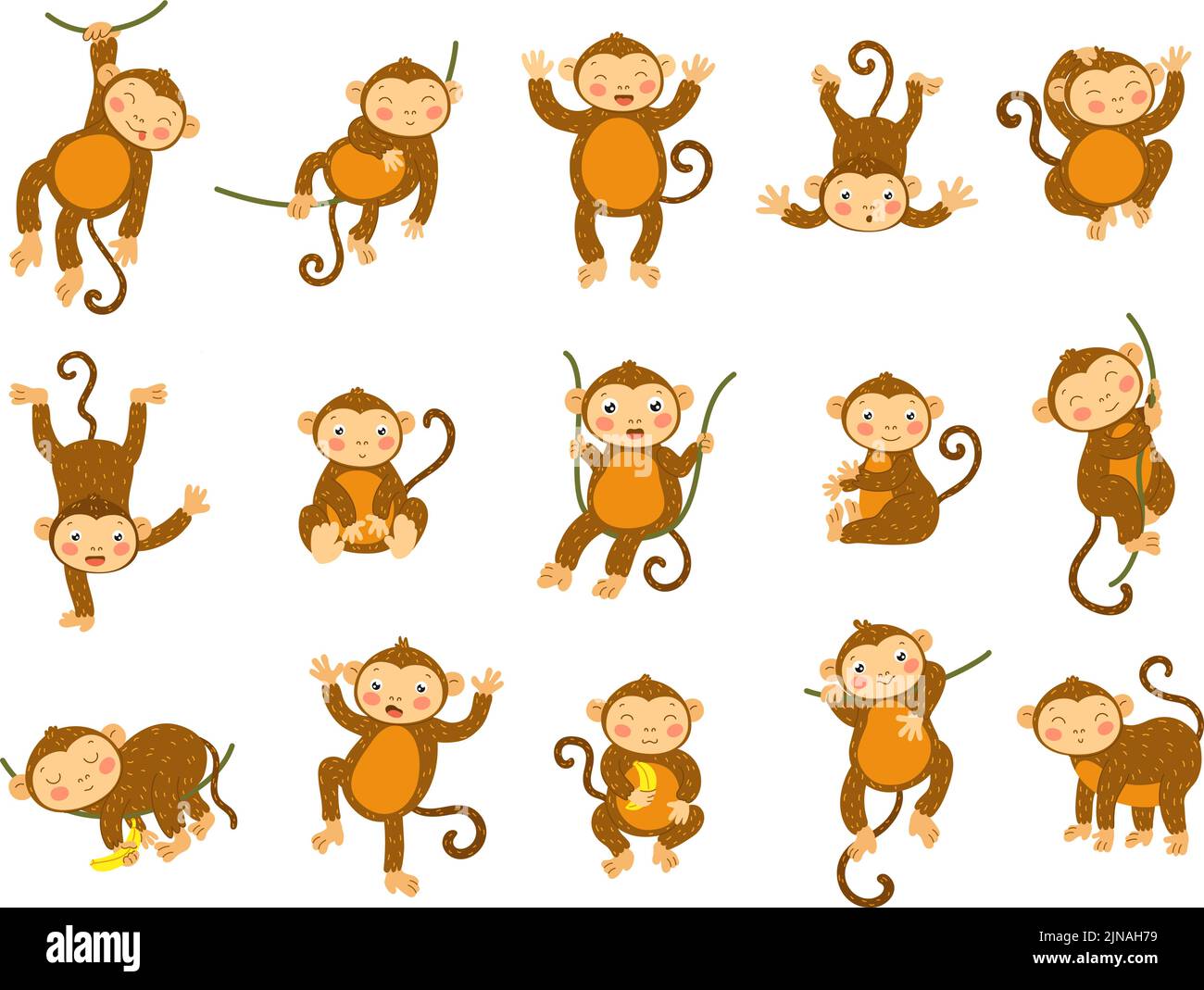 Cute monkey. Cartoon wild animals in different poses, funny ape monkeys and primate character vector set Stock Vector