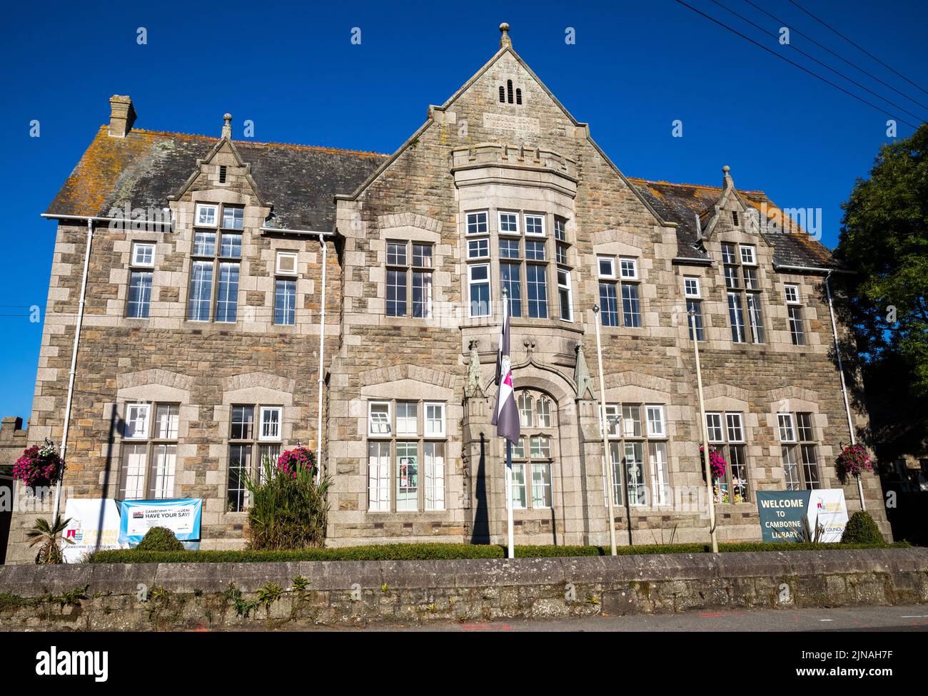 Blue sky over The Bassett Centre which is now used as a Library in Camborne,Cornwall Stock Photo