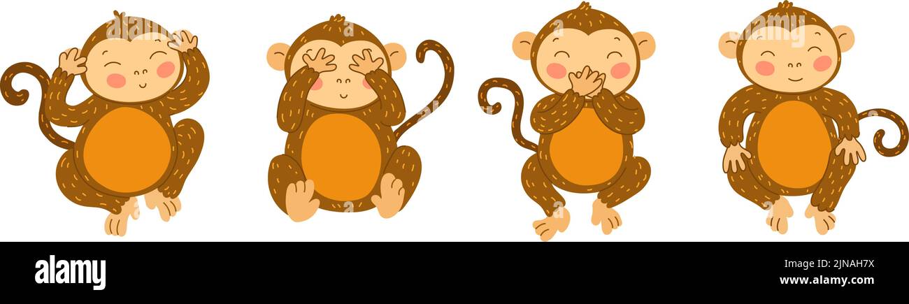 Wise monkeys. Cute ape with hands covering mouth, eyes and ears. Blind, deaf and mute monkey. See, hear and speak no evil cartoon vector illustration Stock Vector
