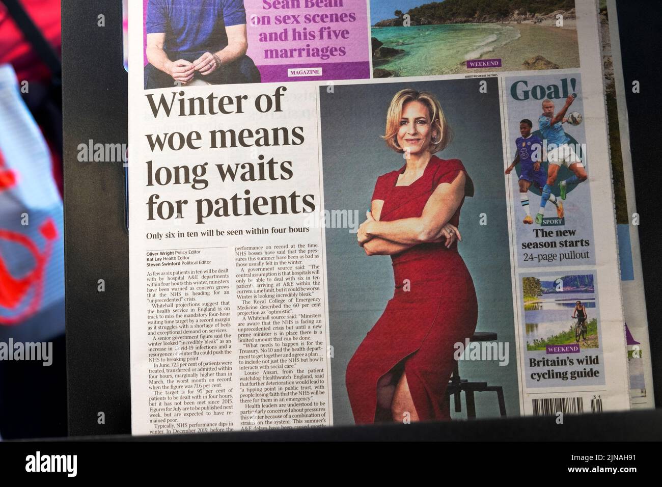 'Winter of woe means ong waits for patients' The Times newspaper headline front page on 6 August 2022 in London England UK Stock Photo