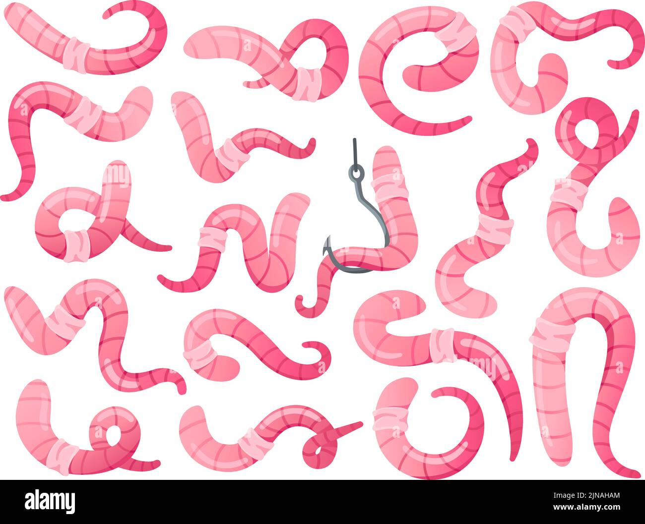 Soil worms. Earthworms in different poses, crawling and worm on hook. Garden insect vector set Stock Vector