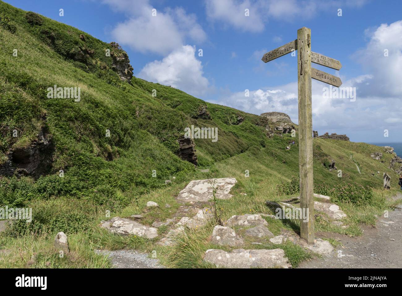 A wooden signpost showing directions in the area of Tintagel Castle ...