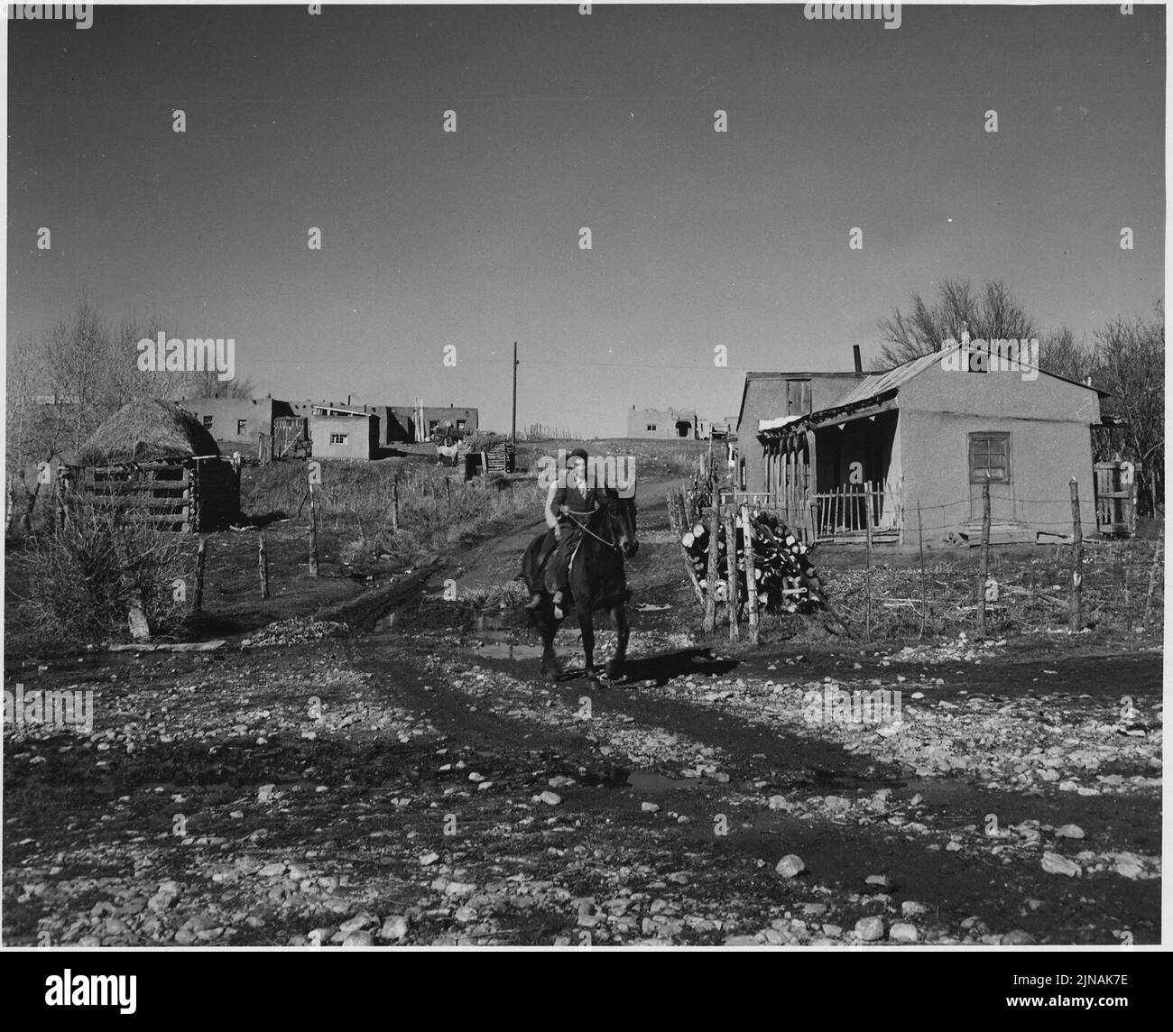 Taos County, New Mexico. View, Arroyo Seco. Note road, transportation