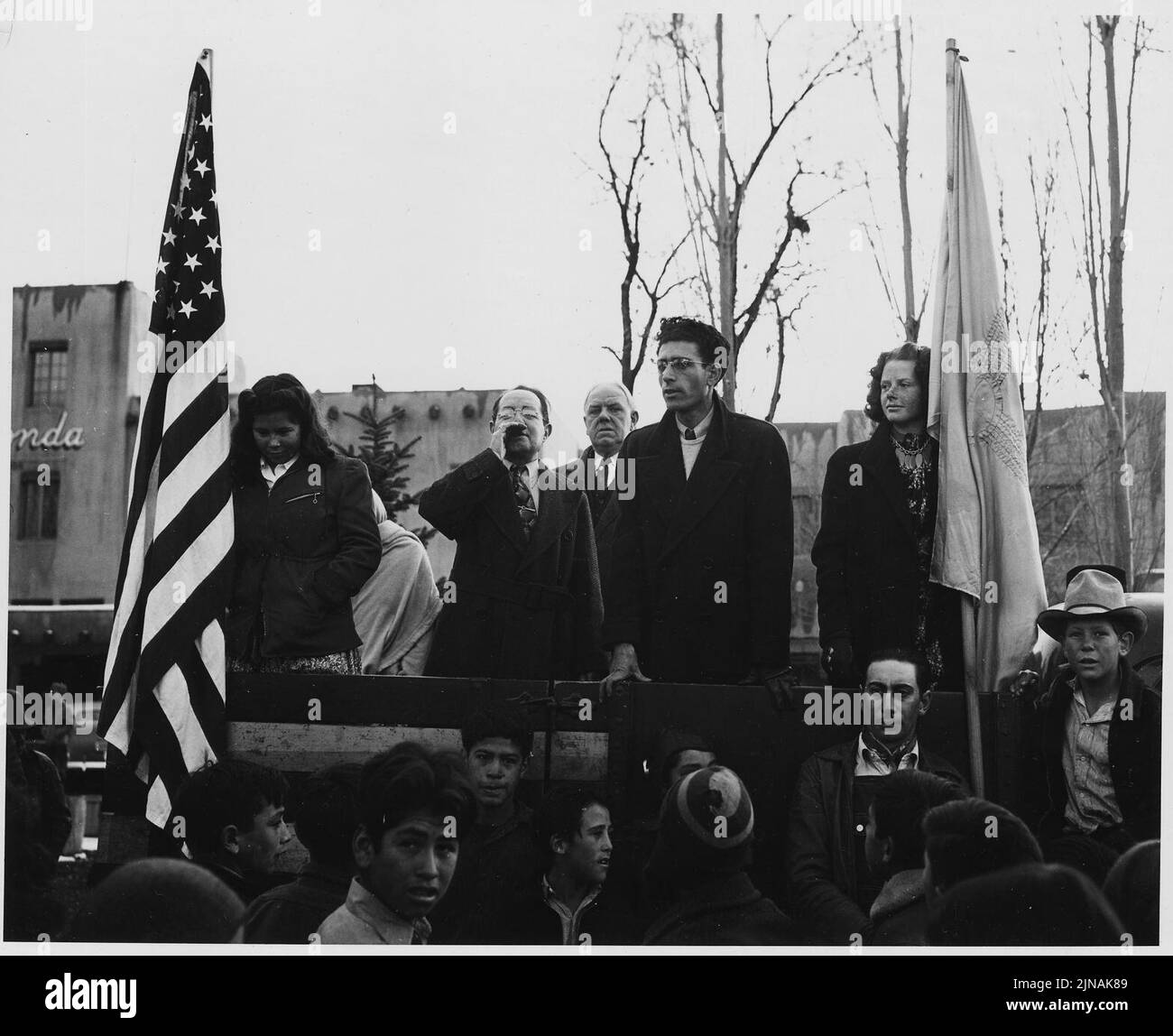 Taos County, New Mexico. War rally in Taos plaza, on news of