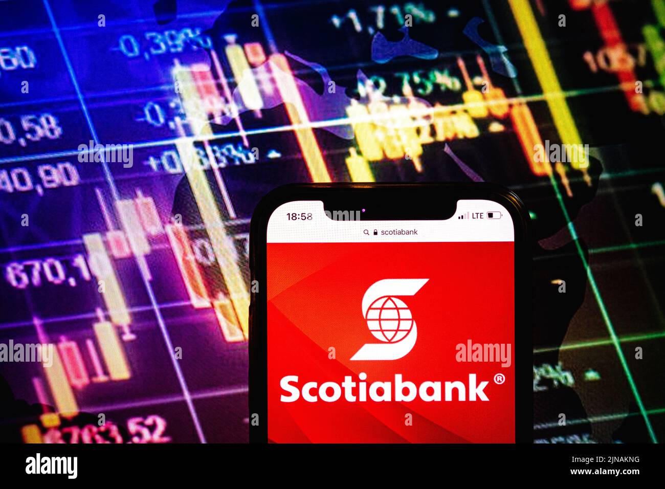 KONSKIE, POLAND - August 09, 2022: Smartphone displaying logo of Scotiabank company on stock exchange diagram background Stock Photo