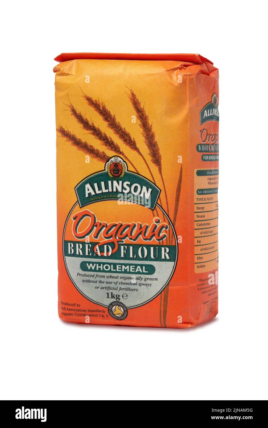 1kg bag of Allinson organic wholemeal bread flour. Dr Allinson started the brand in 1892, with the introductio Stock Photo
