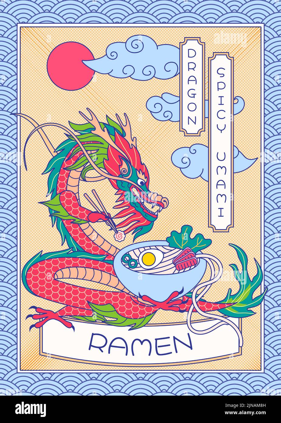 Ramen poster. Japanese dragon eat gourmet dinner, spicy umami and asian pattern frame vector illustration Stock Vector