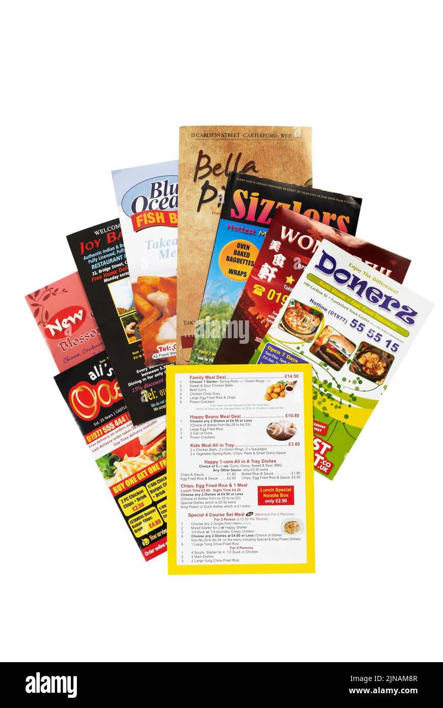 A pile of fast food takeaway menus Stock Photo
