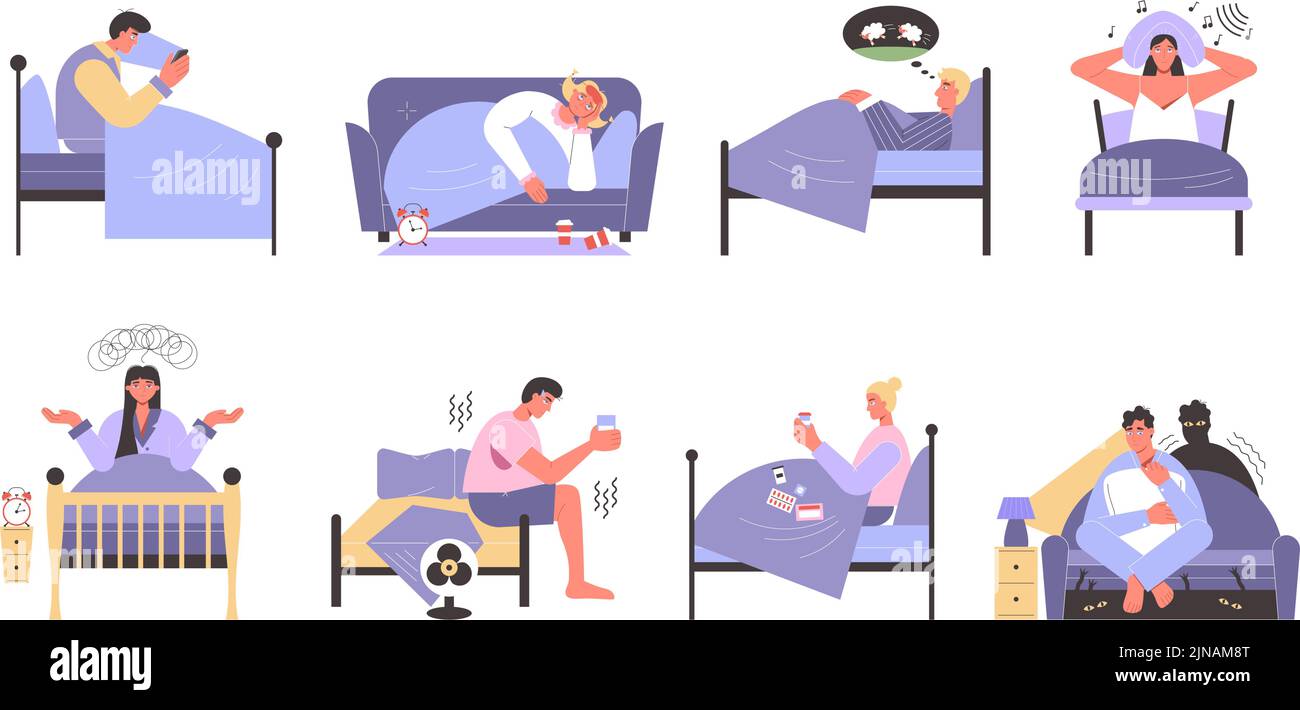 People cant sleep in bed. Sleepless characters suffering from different