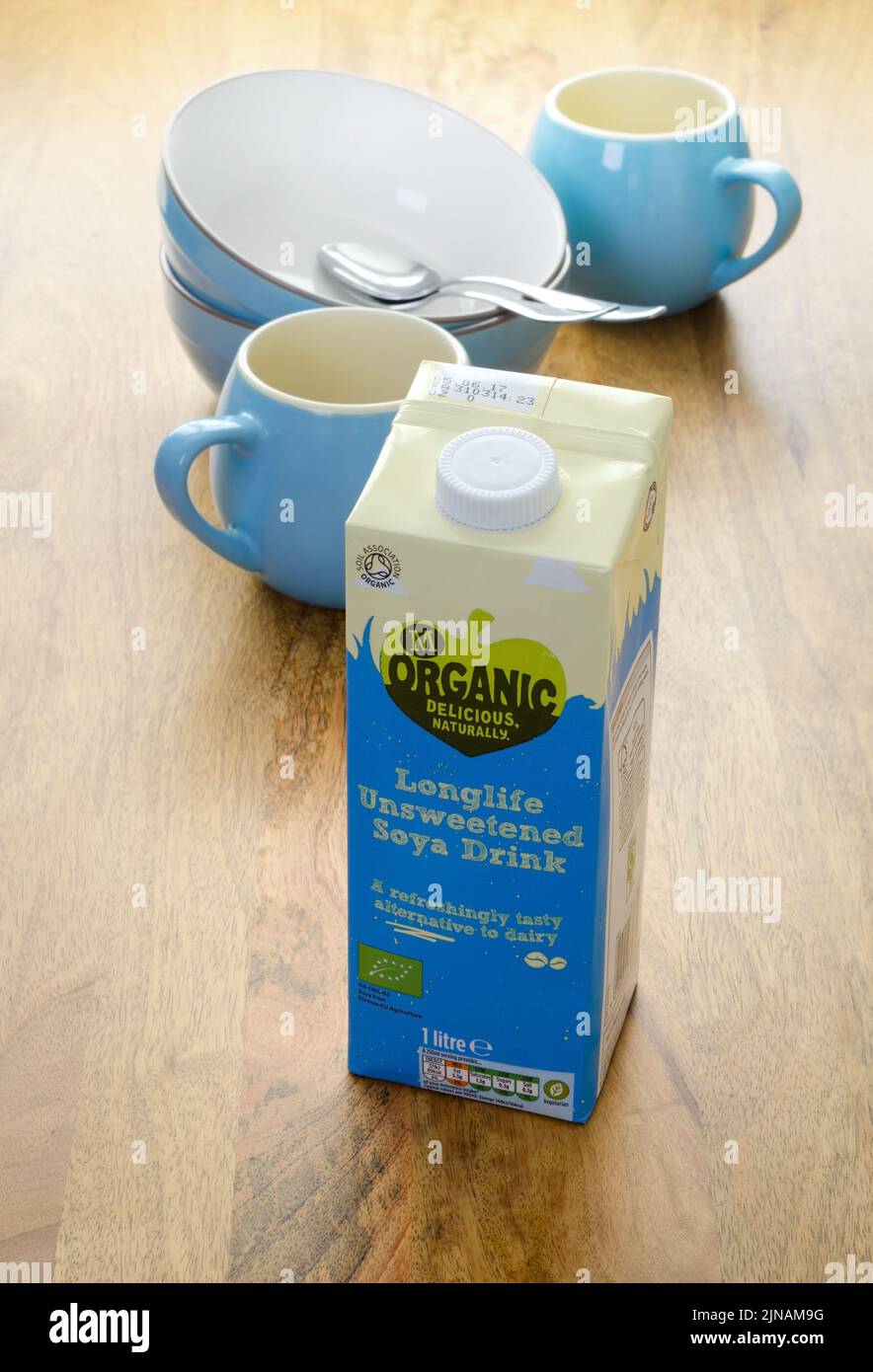 Carton of Morrisons own brand organic longlife unsweetened soya milk. Soya milk is a dairy-free alte Stock Photo