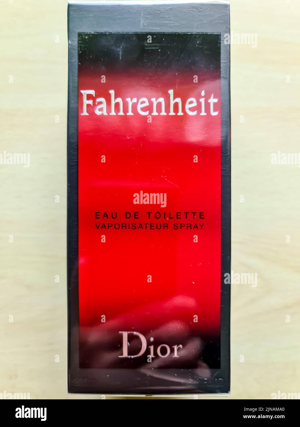 A top view of a red box of Fahrenheit perfume by Dior Stock Photo