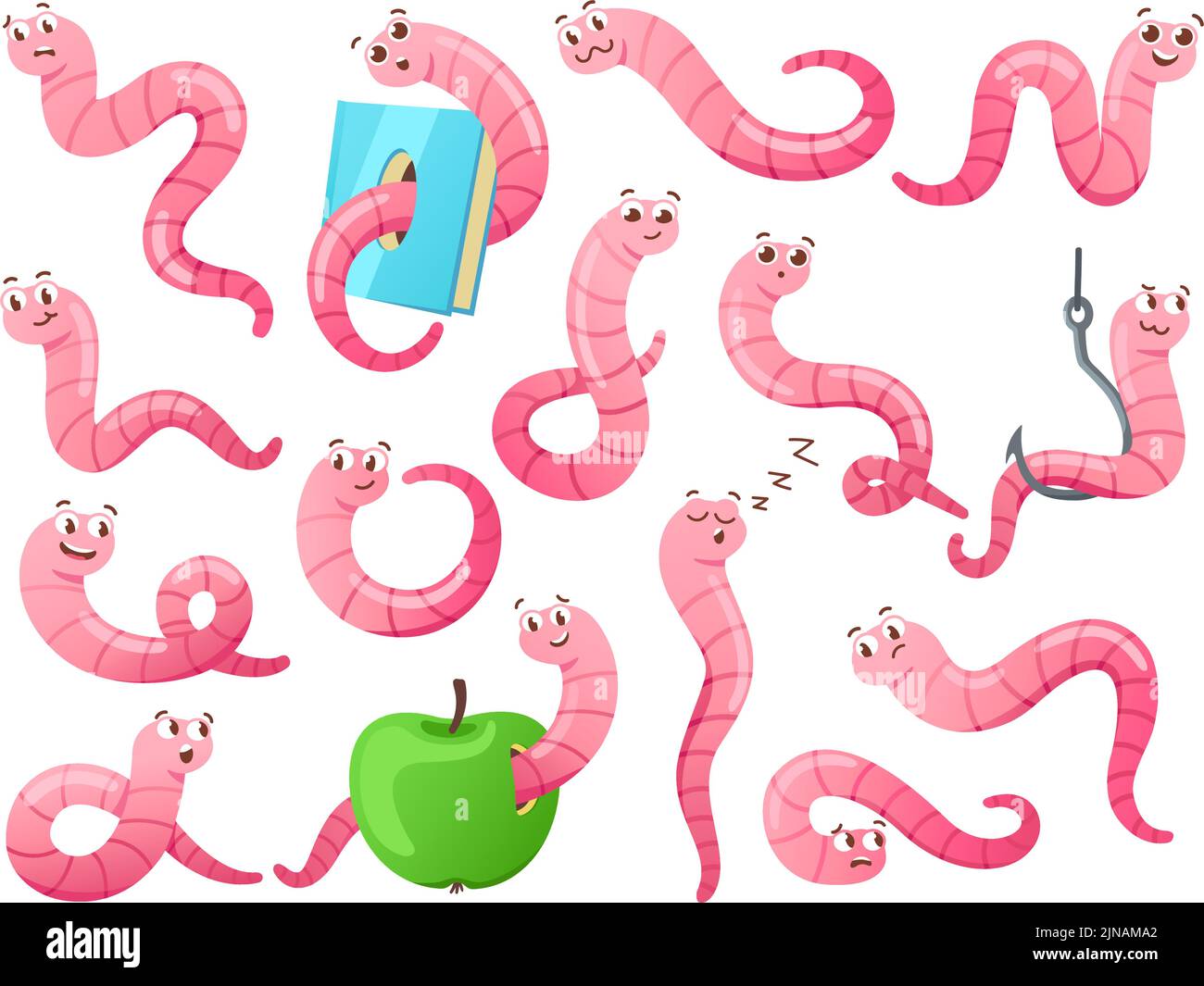 Cartoon worm in different poses. Crawling earthworm, attractive worm on hook and bookworm vector set Stock Vector